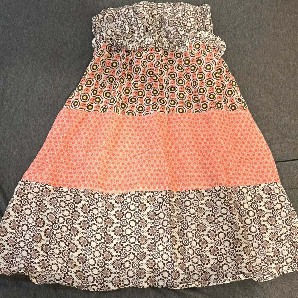 OndadeMar Boho Twee Strapless Cotton Mini Dress Floral Geometric Ruffle Size S